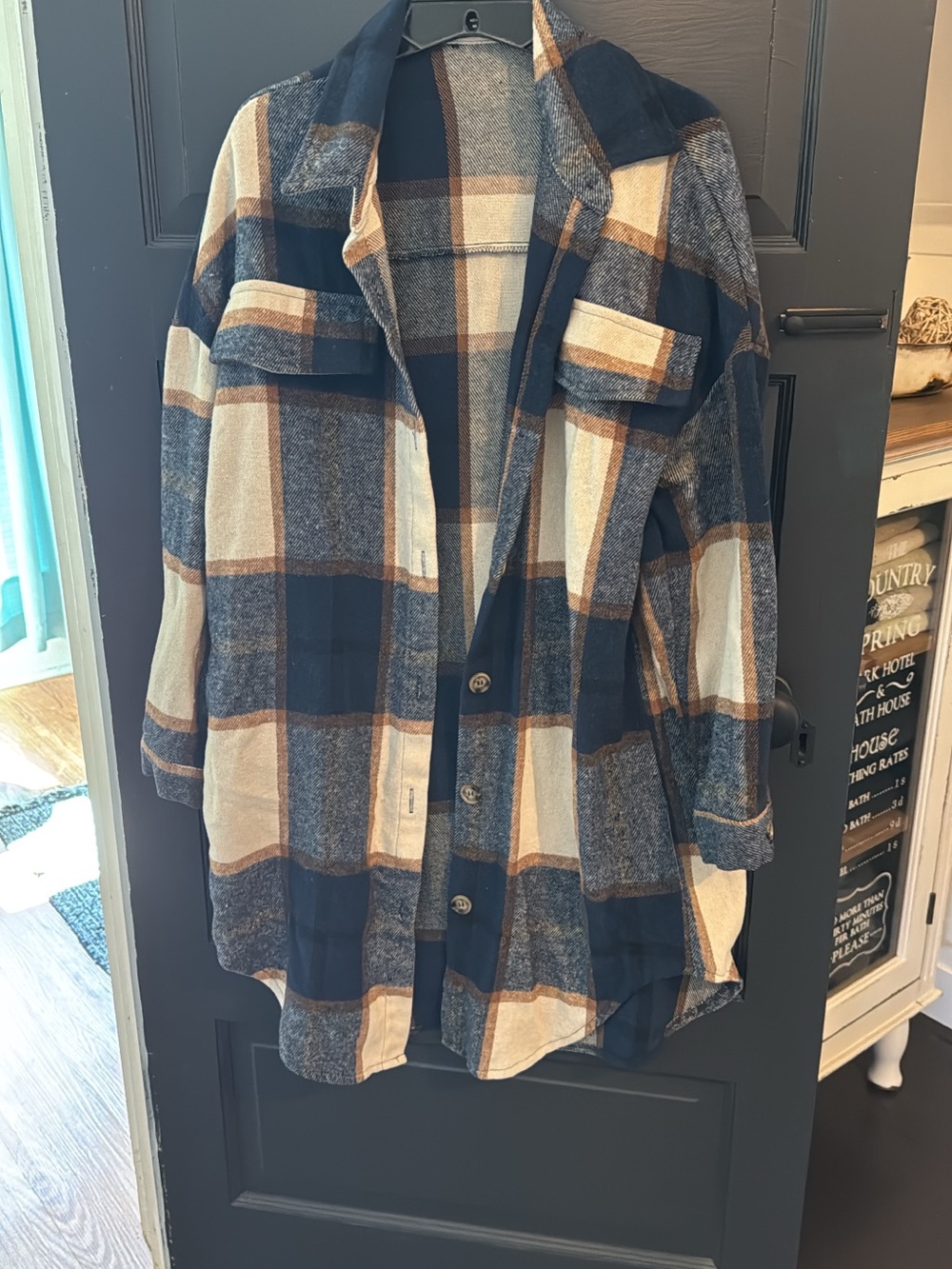 SHEIN Navy, Cream & Brown Plaid Utility Shacket